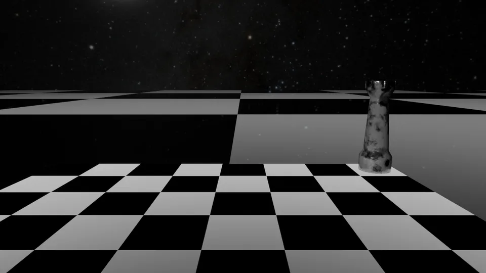 A surreal scene of a chessboard in space with a single piece on one of the squares.