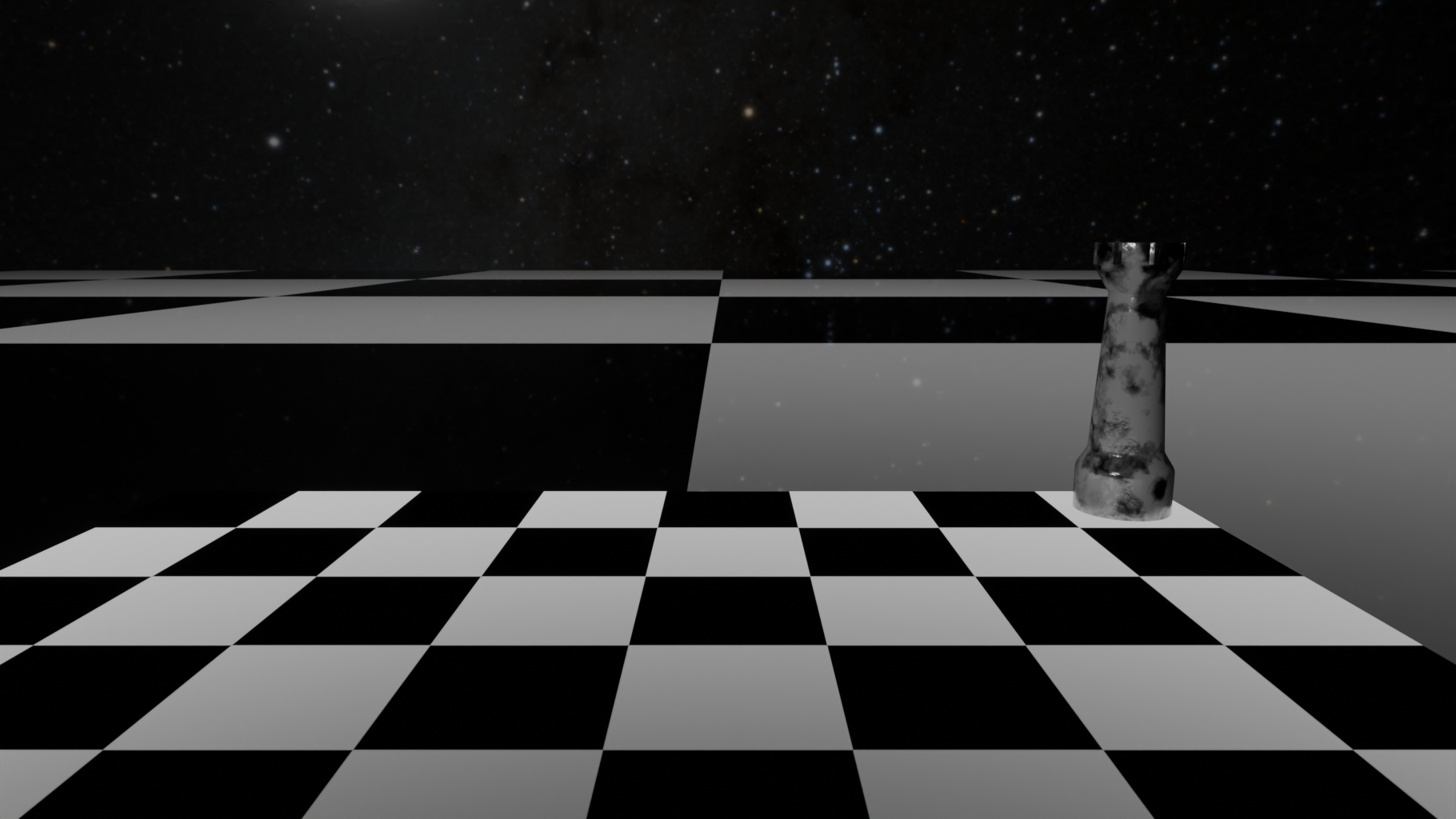 A surreal, human-scale chessboard floating in space