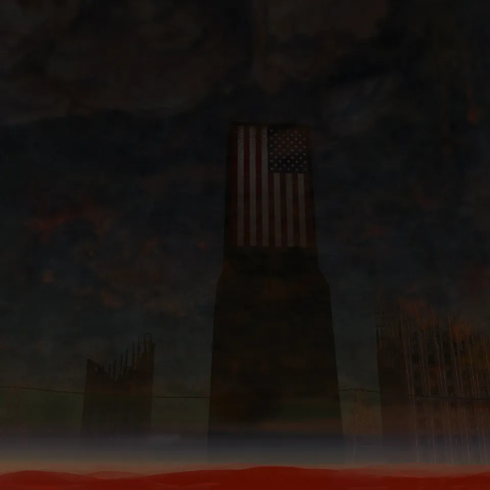 An intensely dystopian scene of a massive skyscraper with an American flag draped down the side, surrounded by a glowing red sea.