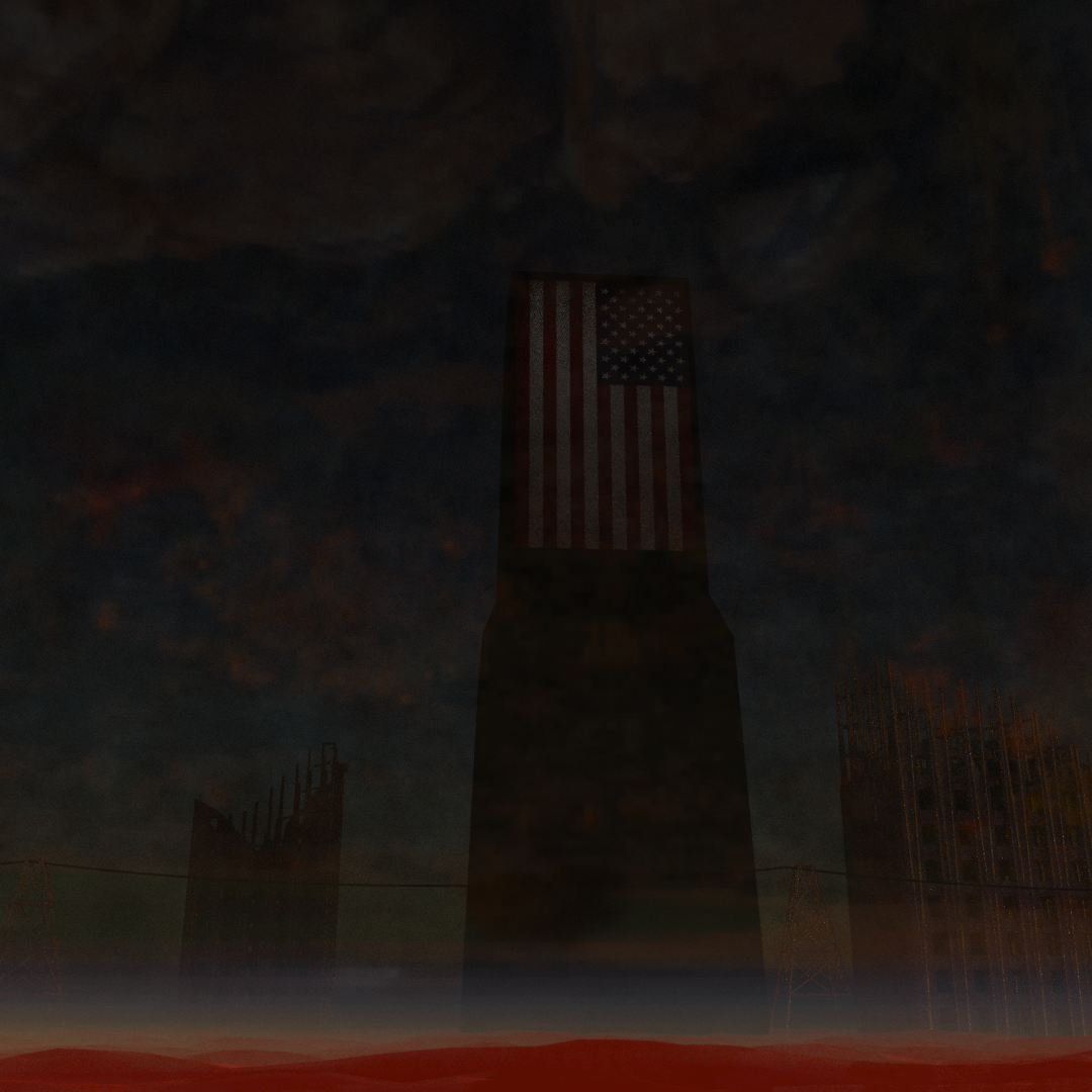 A huge tower with an American flag draped down the side, surrounded by destroyed buildings and an ocean of lava