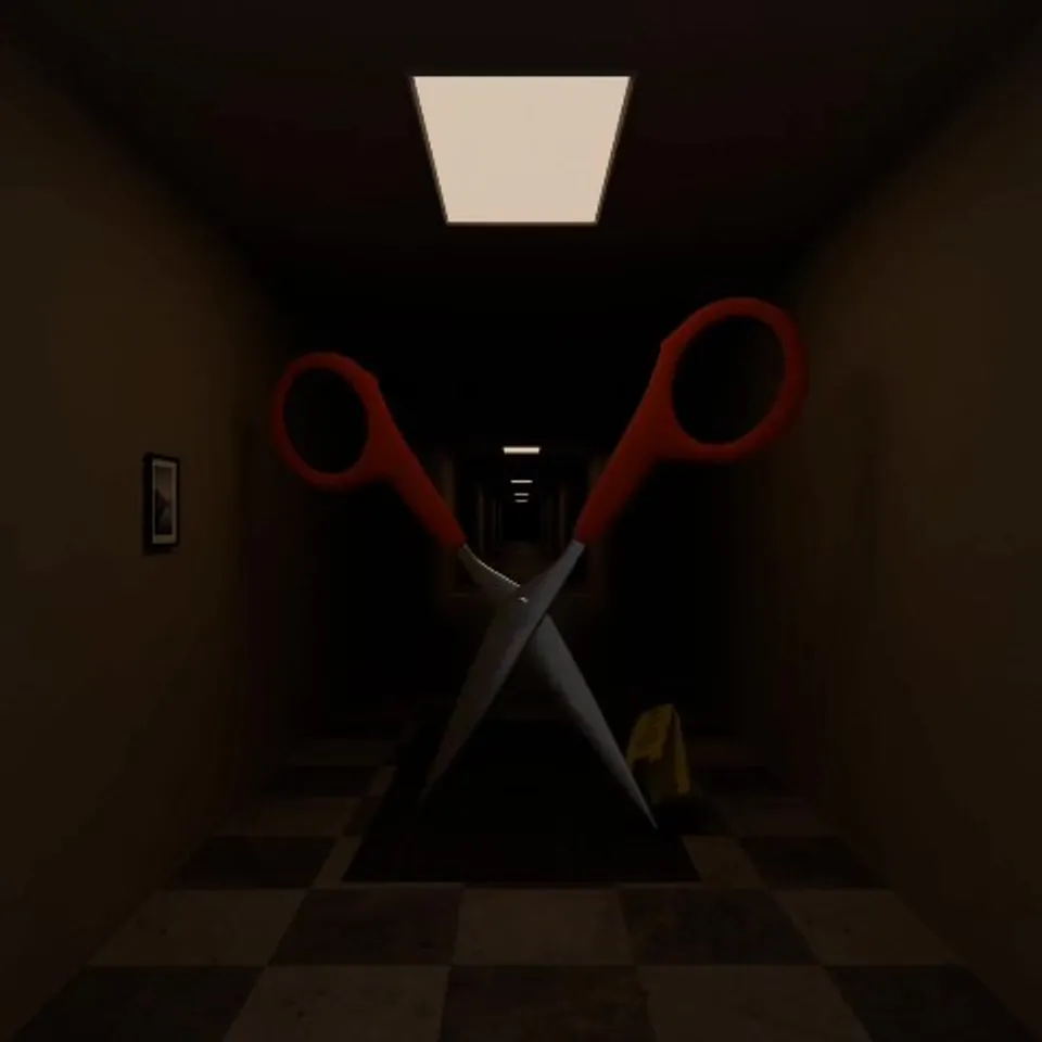 A walking pair of scissors, approaching menacingly from down a dark hallway.