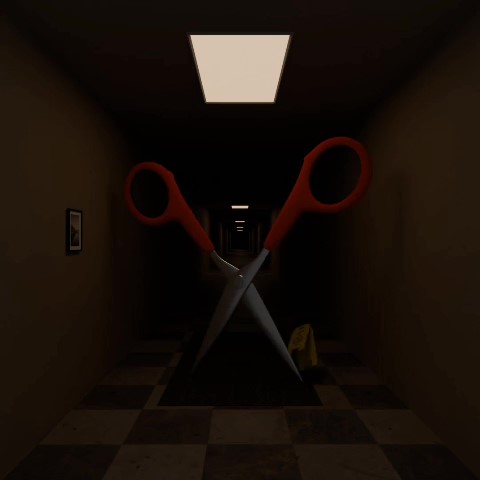 A walking pair of scissors, approaching menacingly from down a dark hallway.