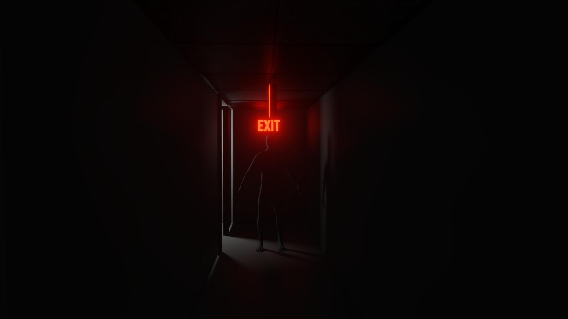 An ominous figure standing at the end of a dark hallway